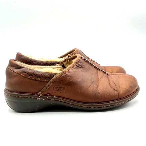 UGG Australia Shoes - UGG Bettey Leather Clogs Womens 6 Brown Shearling Lined Mules Cozy Fall Celtic